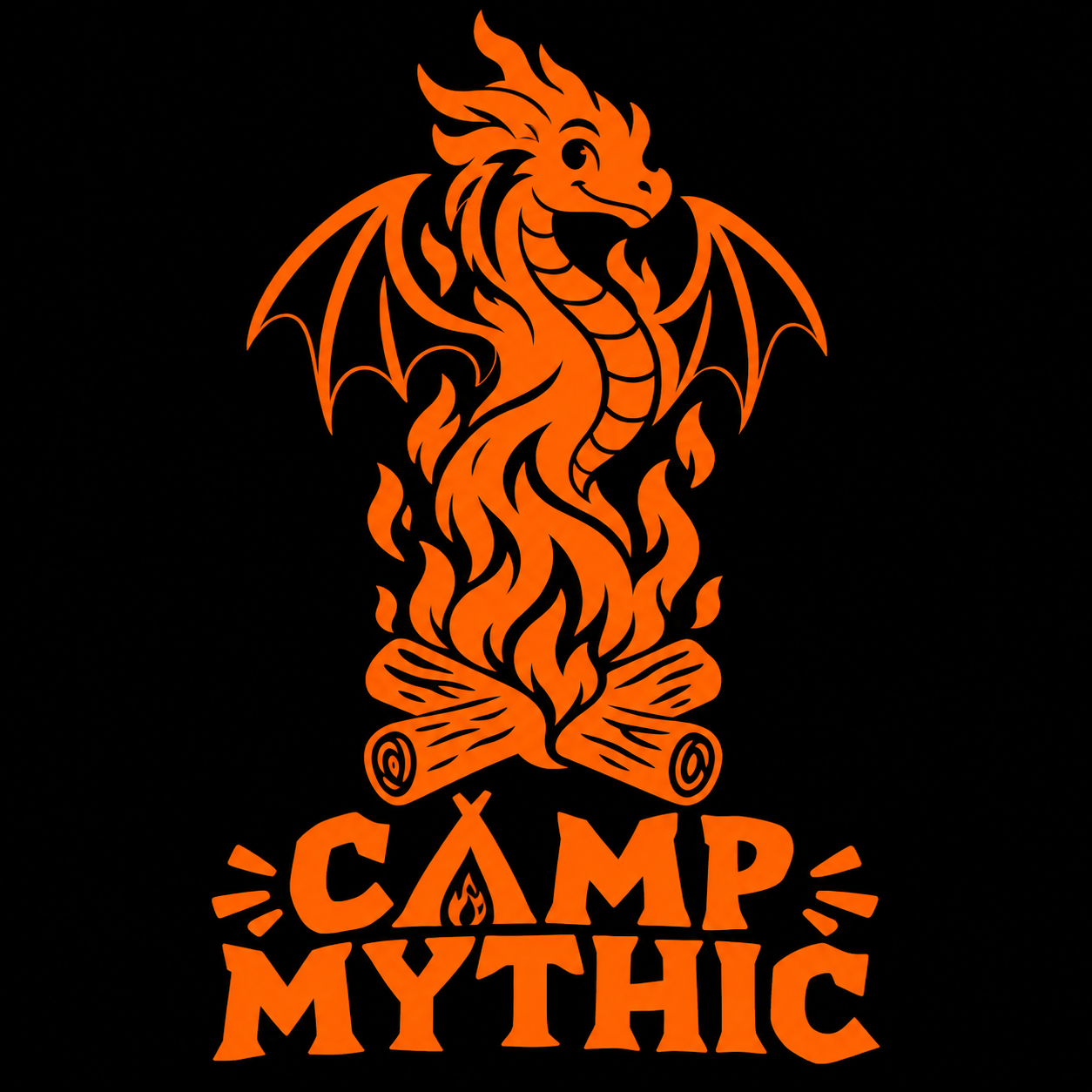 Camp Mythic’s orange dragon rising from a campfire