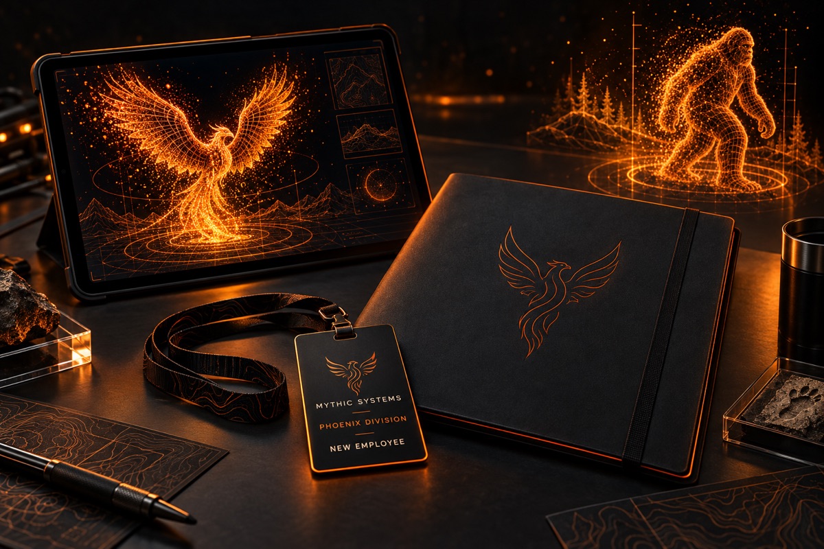 A fictional Mythic Systems new-employee badge, mission folder, and orange phoenix research display.
