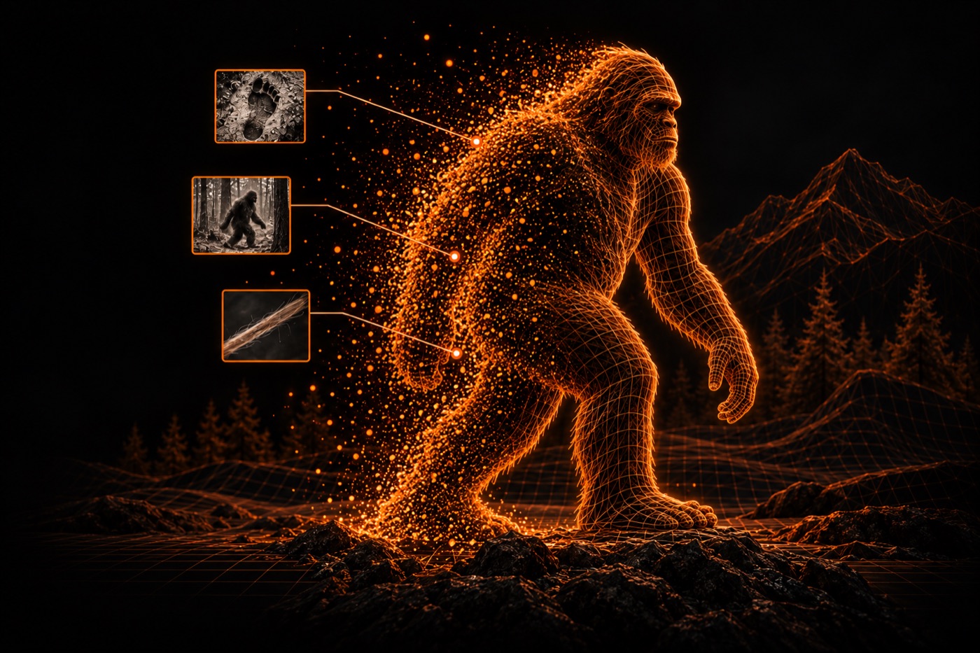 Orange evidence trails connect a footprint, a forest sighting, and a hair sample to a Sasquatch formed from points and wireframe.