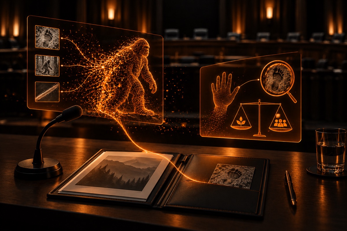 A microphone and briefing folder beside orange AI evidence displays in a fictional policy briefing.